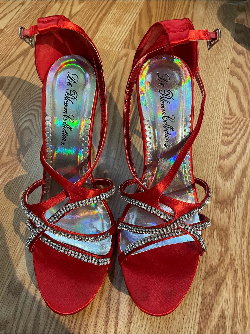 Red Satin Rhinestone Strappy Heels
